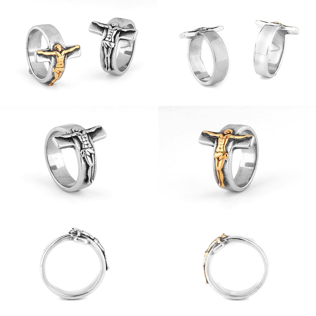 Retro Kors Jesus Rustfritt Stål Ring for Menn & Kvinner Antikk Gotisk Metallring Zirkon Kristne Tilbehør Velsignelse Gave