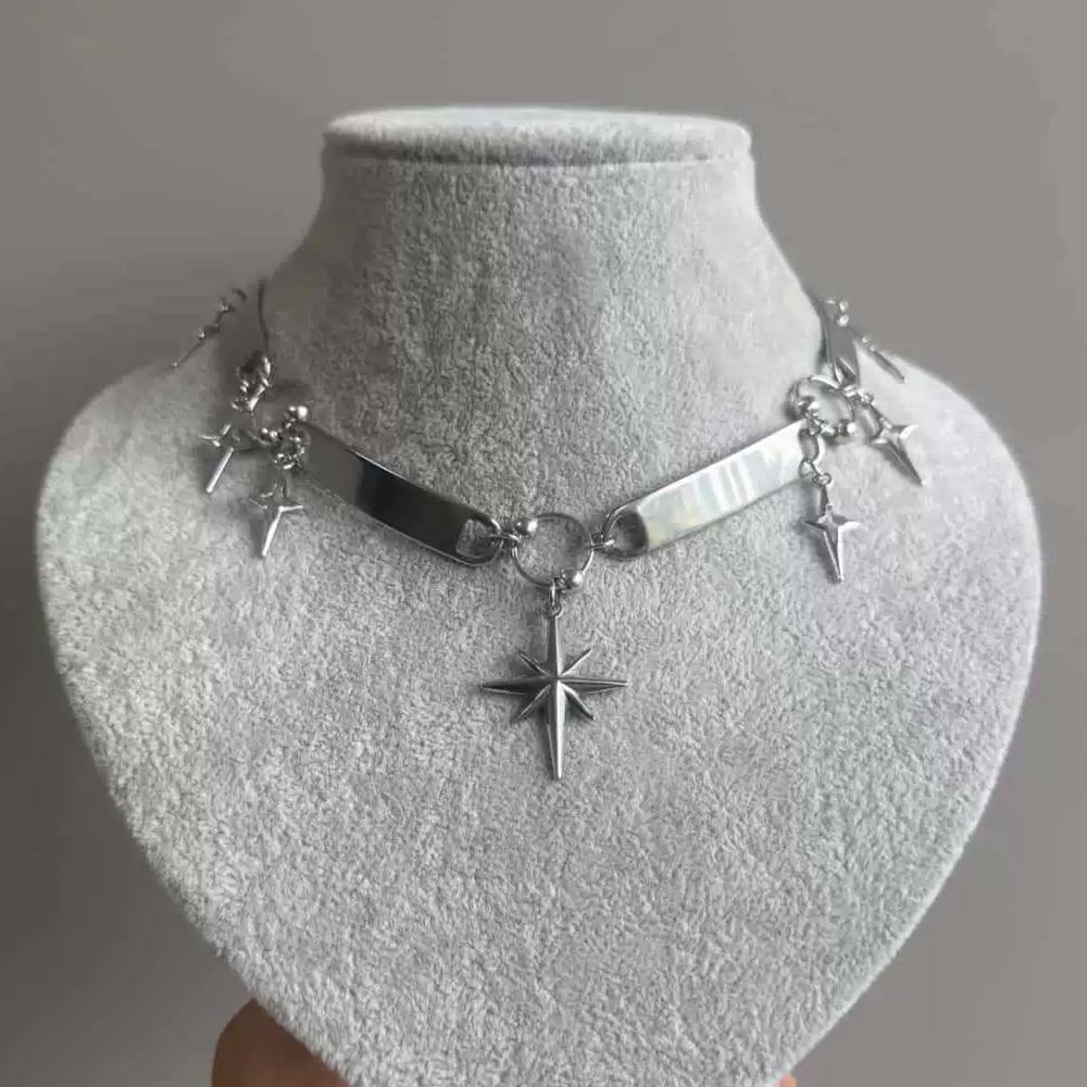 Punk Rock Silver Color Cross Star Pendent Metal Chain Choker Necklaces Accessories For Women Man Y2K Personalized Grunge Jewelry