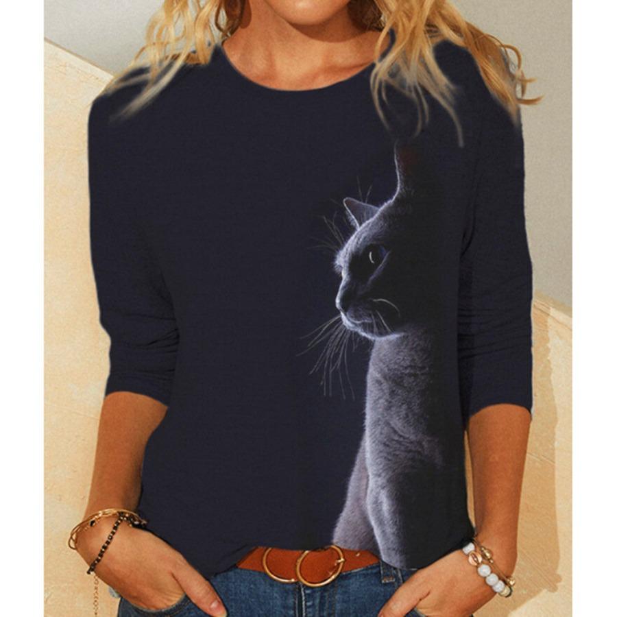 Animal Pisică Negru Imprimate 3D Tricouri Mărimi Mari Tricouri Femei Mânecă Lungă Tricou