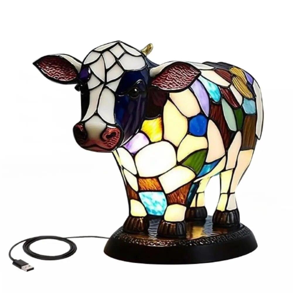 Tischlampe mit Tiermotiv, Kuh-Dekor, Nachttischlampe mit USB-A+C-Anschlüssen, beleuchtete Kuh-Schreibtischlampe für Wohnzimmer, Tischlampe für Schlafsaal und Büro