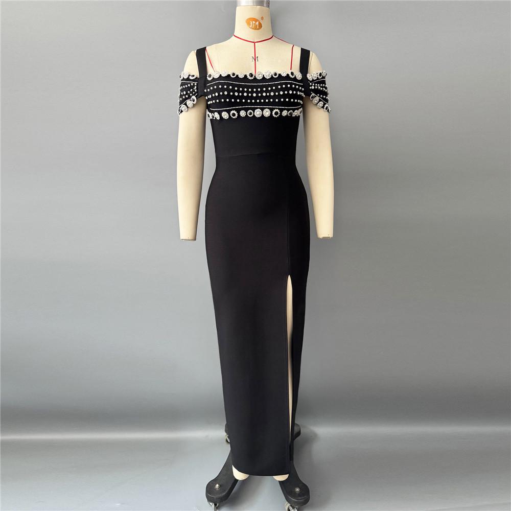 Elegant Rhinestone Beaded Strappy Bandage Evening Dress Small чёрный