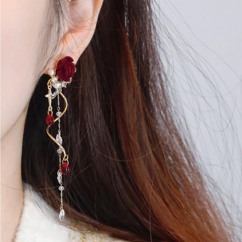 Elegante Französische Rote Rose Lange Quastenohrringe für Damen Temperament Blume Zirkon Hängeohrring Braut Hochzeitsparty Schmuck
