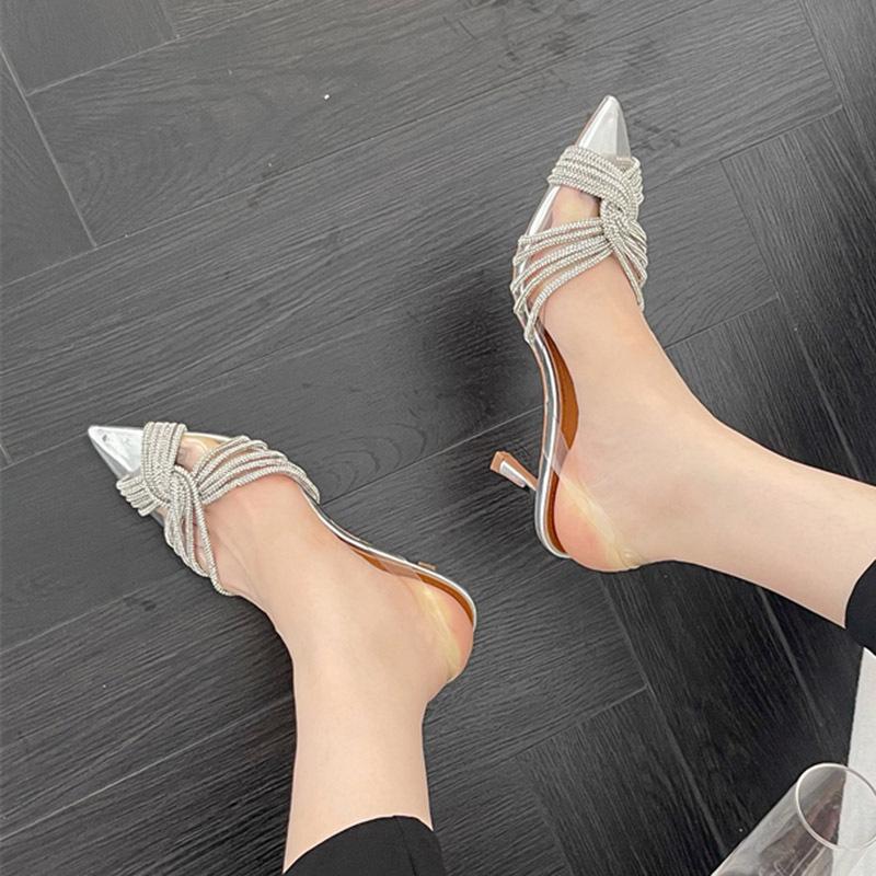French Stiletto Rhinestone Sandals - Silver, Transparent High Heels, Pointed Toe, Hollow Design