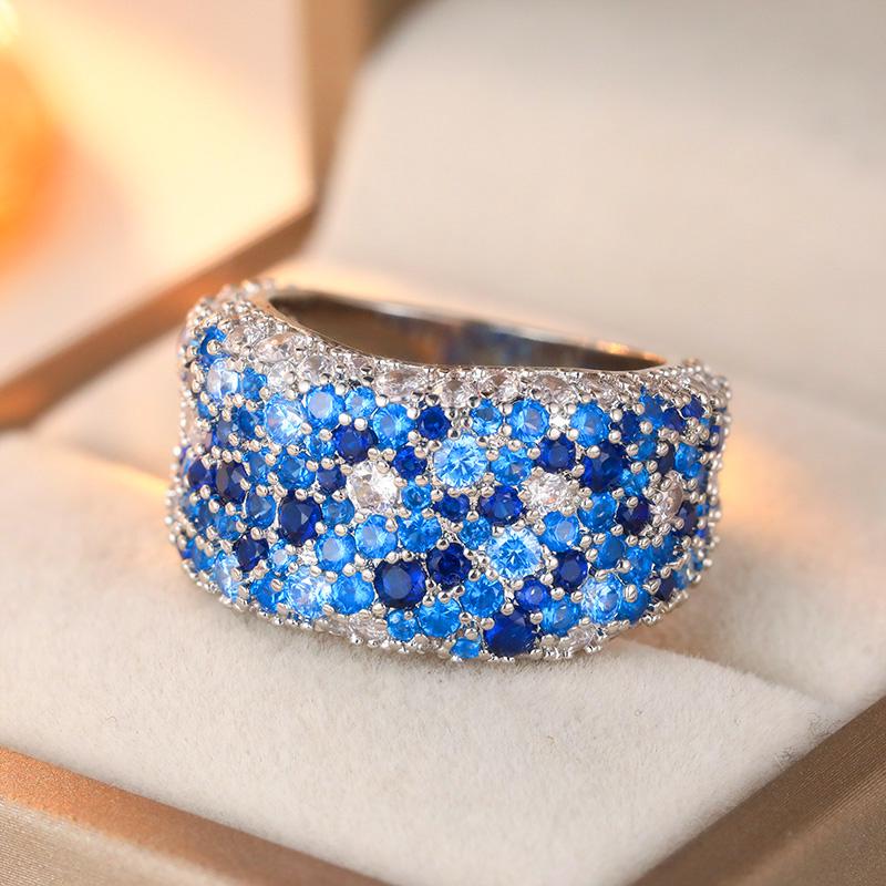 Luxury Inlaid White Blue CZ Women's Ring Elegant CopperColor Geometry Daily Wear Party Jewelry Anniversary Gift