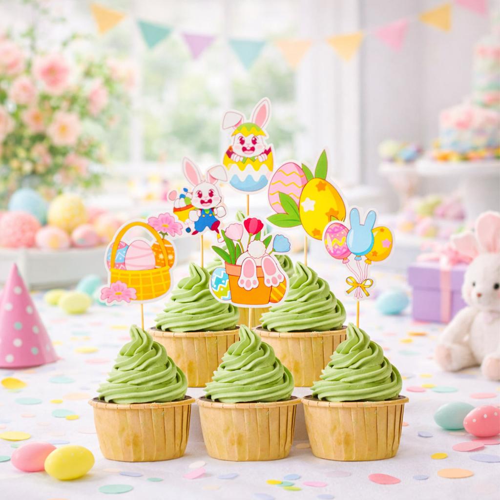 Easter Cake Decoration Kit, Double-sided Colorful  Easter Egg Paper Cupcake Small Sign, Party Supplies