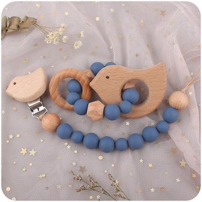 1 Set Baby Pacifier Clip Wooden Teethers Bracelet Set Cartoon Star Cloud Cat Silicone Beads Babies Teething Toy Anti-lost Chain