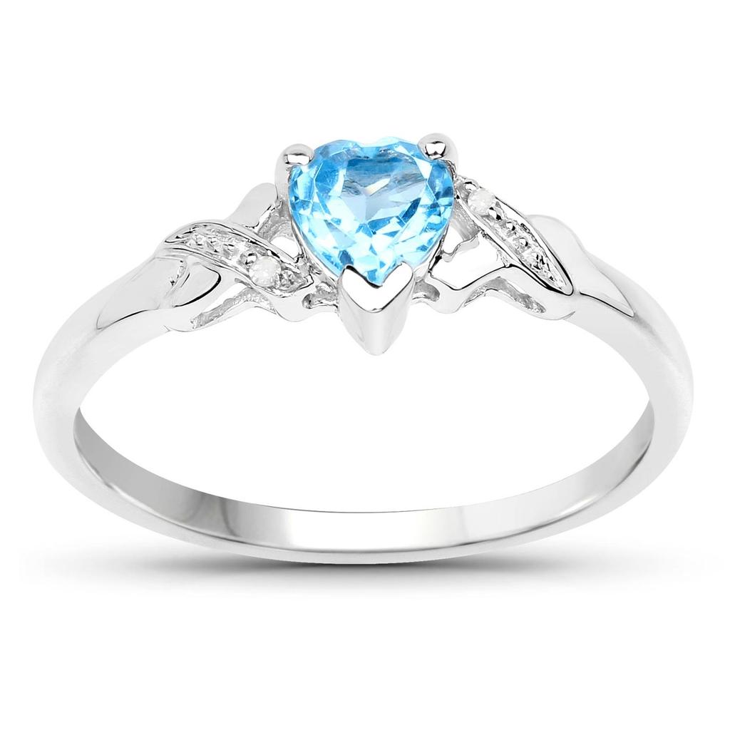 925 Sterling Silver Swiss Blue Topaz Heart Ring Diamond Accent Rhodium Plated Women Jewelry Size 8.75