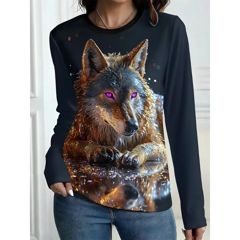 Modisches Damen Rundhals Langarm 3D Lässiges Farbdruck Lässiges Langarm Rundhals T-Shirt