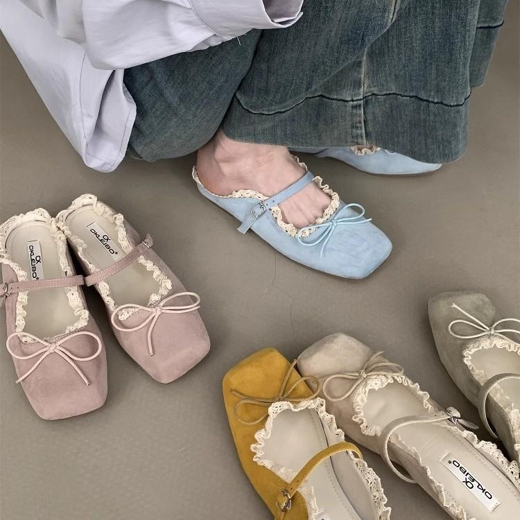 Evening women's shoes gentle flat French Mary Jane half slippers bow single shoes spring and summer retro blue ballet shoes