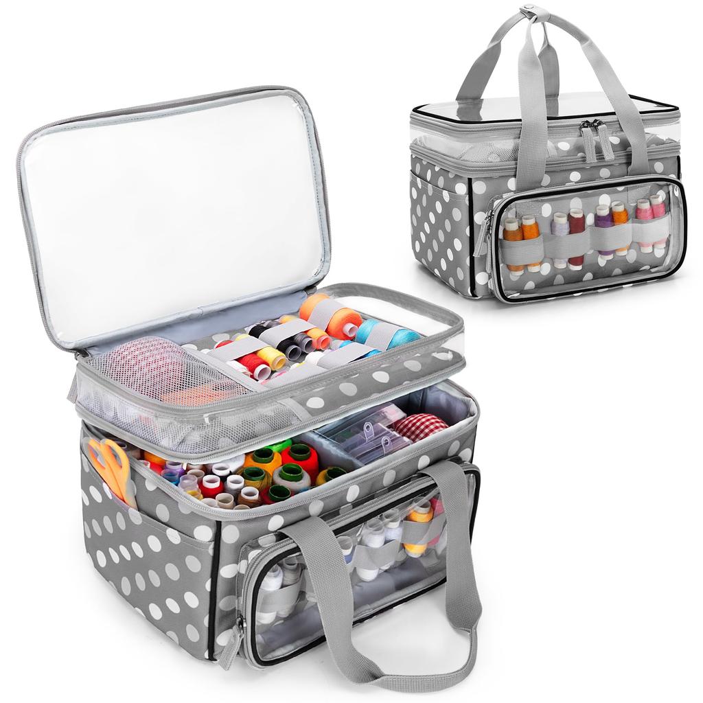 Luxja Sewing Large with Clear Compartment and Removable Perfect for Sewing Tool Storage and Bag Gray Dot Box/Sewing Bag, Double-Layered, Capacity,