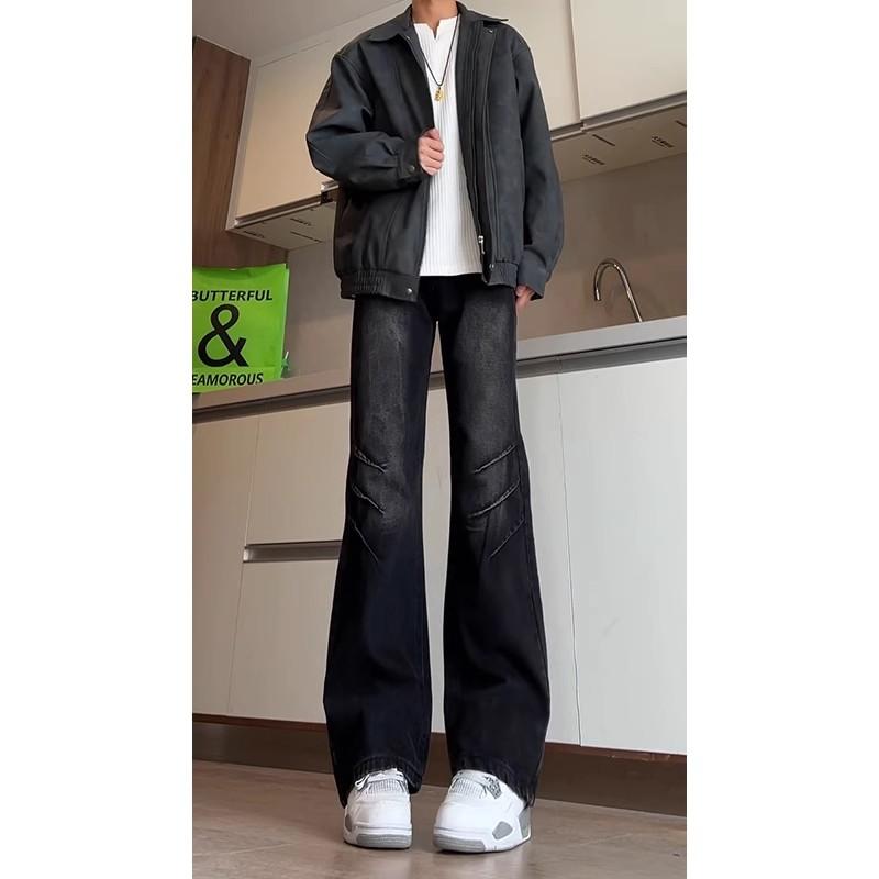 Black pleated scimitar jeans men's American high street vibe pants washed retro slim straight micro-pull pants
