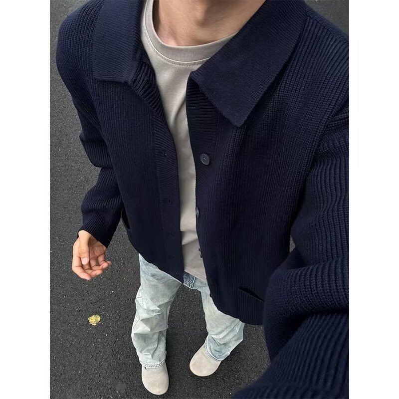 Men's Dark Blue Retro Knit Cardigan with Turn-Down Collar - Versatile Casual Sweater for Autumn and Winter