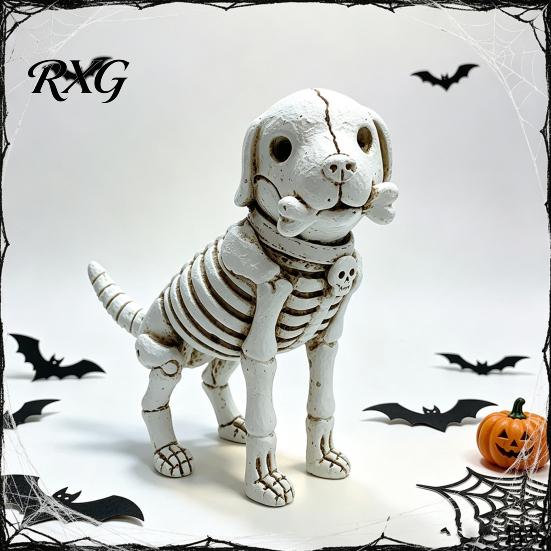 Cute Bone Texture Decor Skull Puppy Resin Figurine, Halloween Retro Skeleton Dog Statue, Creative Holiday Yard Ornaments Gothic Desktop Ornament