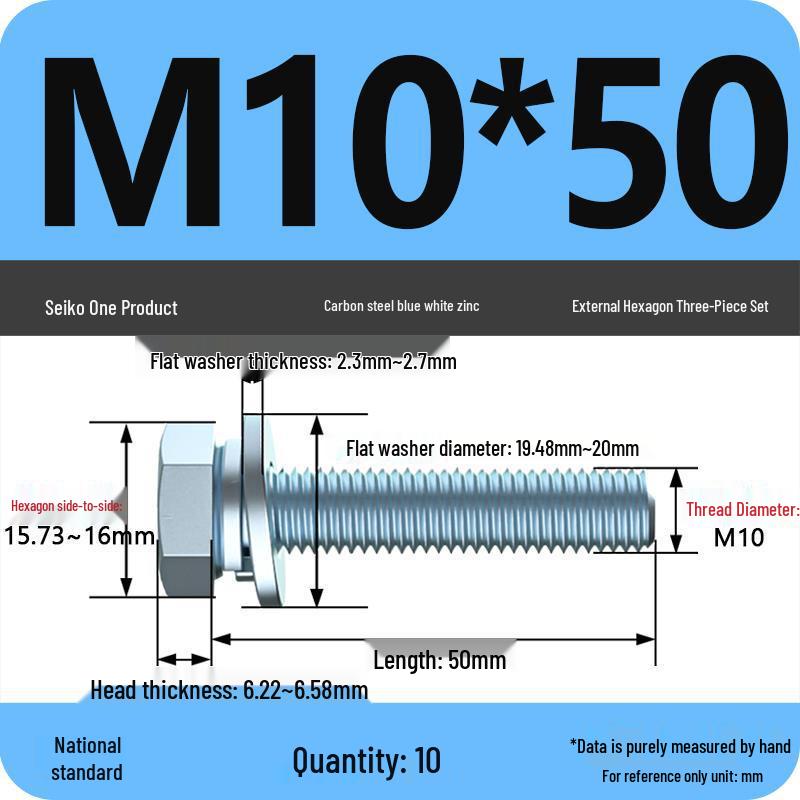 Grade 8.8 Galvanized Hex Bolt Set: Includes Hex Bolt, Spring Washer, Flat Washer (Sizes: M4, M5, M6, M8, M10, M12)
