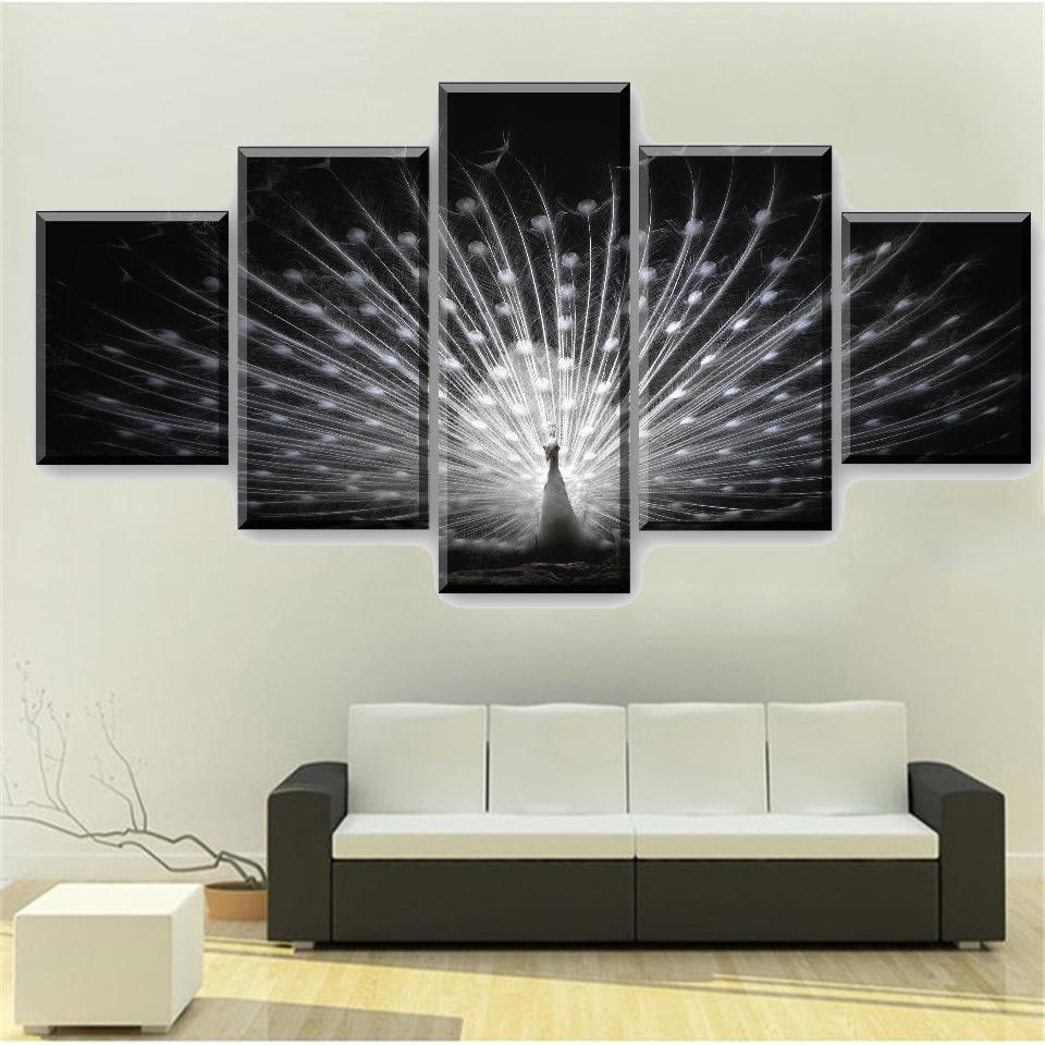 HD-Druck-Poster, 5 Stück, Tier, weißer Pfau, Wandkunst, Gemälde für modernes Wohnzimmer, Heimdekoration, Rahmen, Leinwandbilder, ohne Rahmen