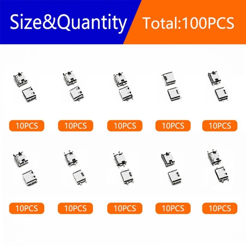 100Pcs 100Pcs Type C USB Charging Dock Connector Mix 6Pin 16Pin Use for Phone Digital Product Repair Accessories