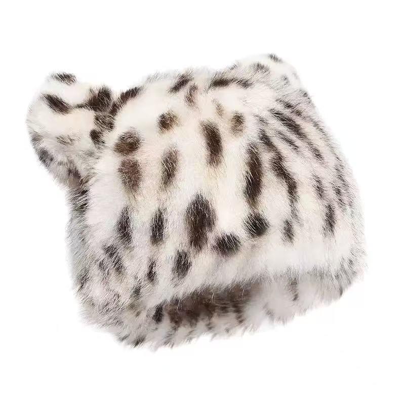Leopard Print Bucket Hat with Bear Ears - Fashionable and Thickened for Autumn and Winter
