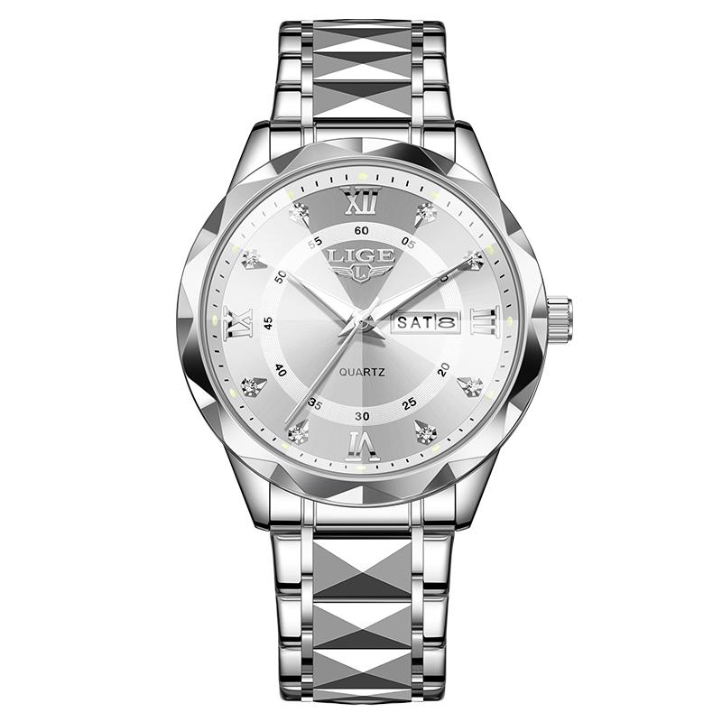 LIGE Top Brand Luxury Men's Watches Waterproof Diamond Luminous Calendar Week Watch For Man Casual Stainless Steel Quartz Watch