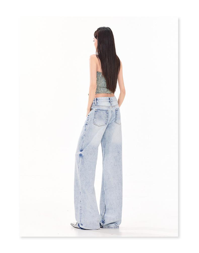 Women's Retro Sky Blue High-Waist Jeans, 2026 Spring/Summer Collection - Loose, Slimming, Floor-Length, Straight-Leg Versatile Pants