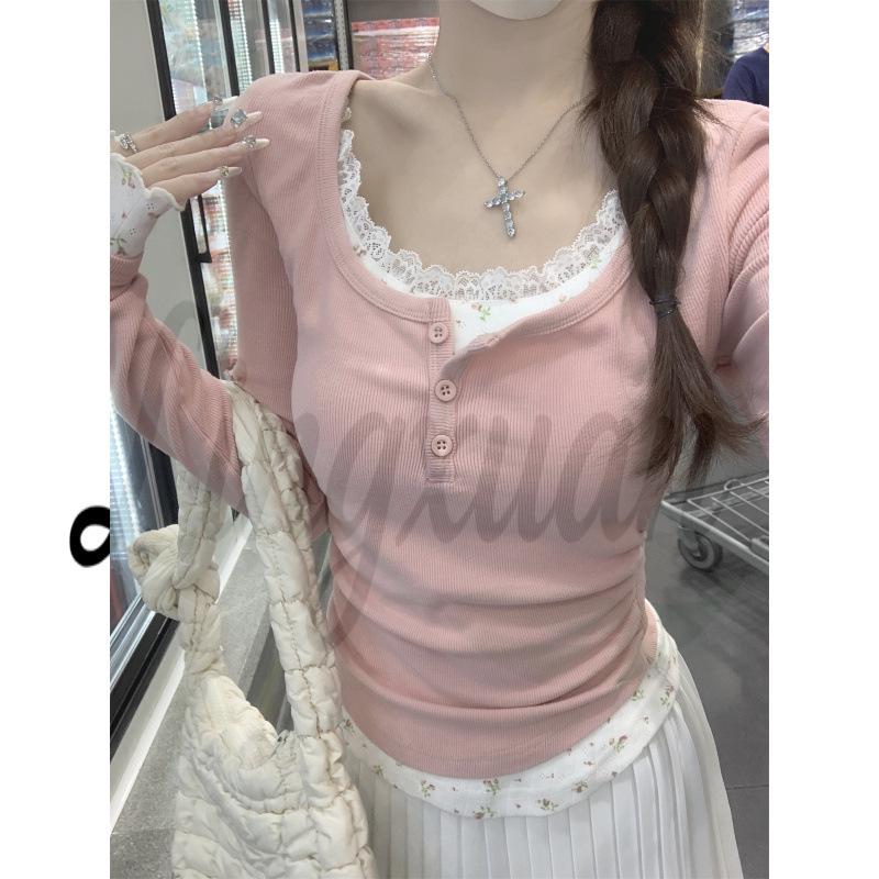 

Autumn Contrast Lace Floral Slimming Long-Sleeve Korean T-Shirt Extra Large рожевий