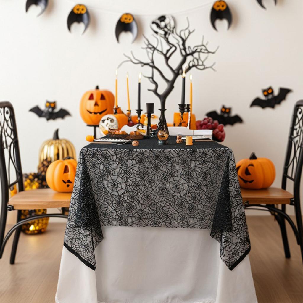 Halloween Black Lace Polyester Tablecloth for Party Decorations Fabric Easy To Cleaning Foldable Designs