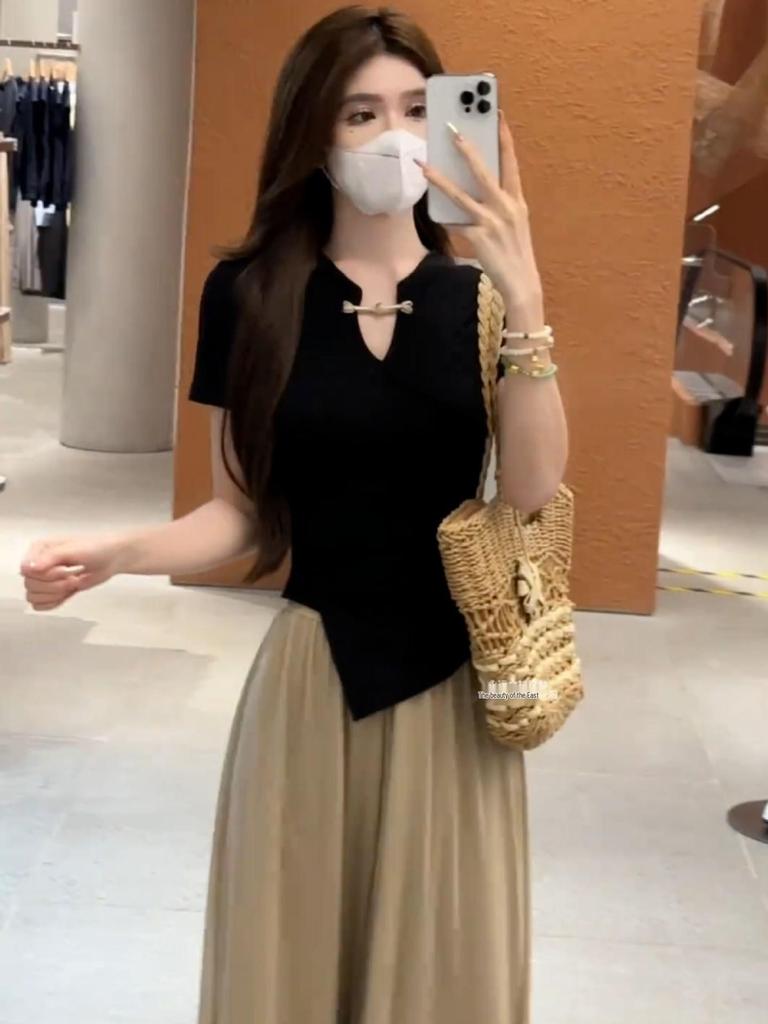 Plus Size Women's Summer Chinese Style Two-Piece Set: Top & Wide-Leg Pants - Elegant Goddess Look