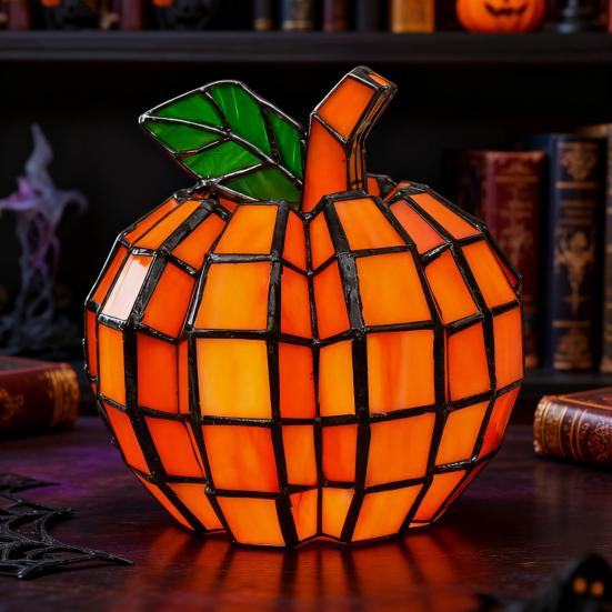 Stained Glass Pumpkin Lantern Handmade Halloween Pumpkin Lamp Starry Night Glass Decor Indoor Fall