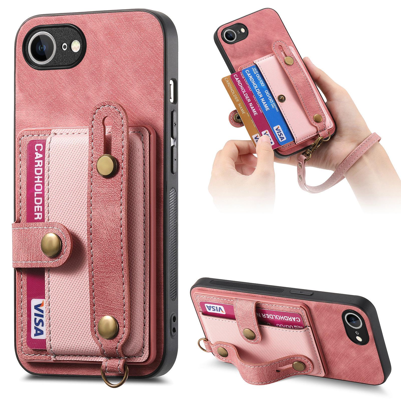 

For iPhone 16e Retro PU Leather Back Cover with Card Holder and Wristband Kickstand Pink