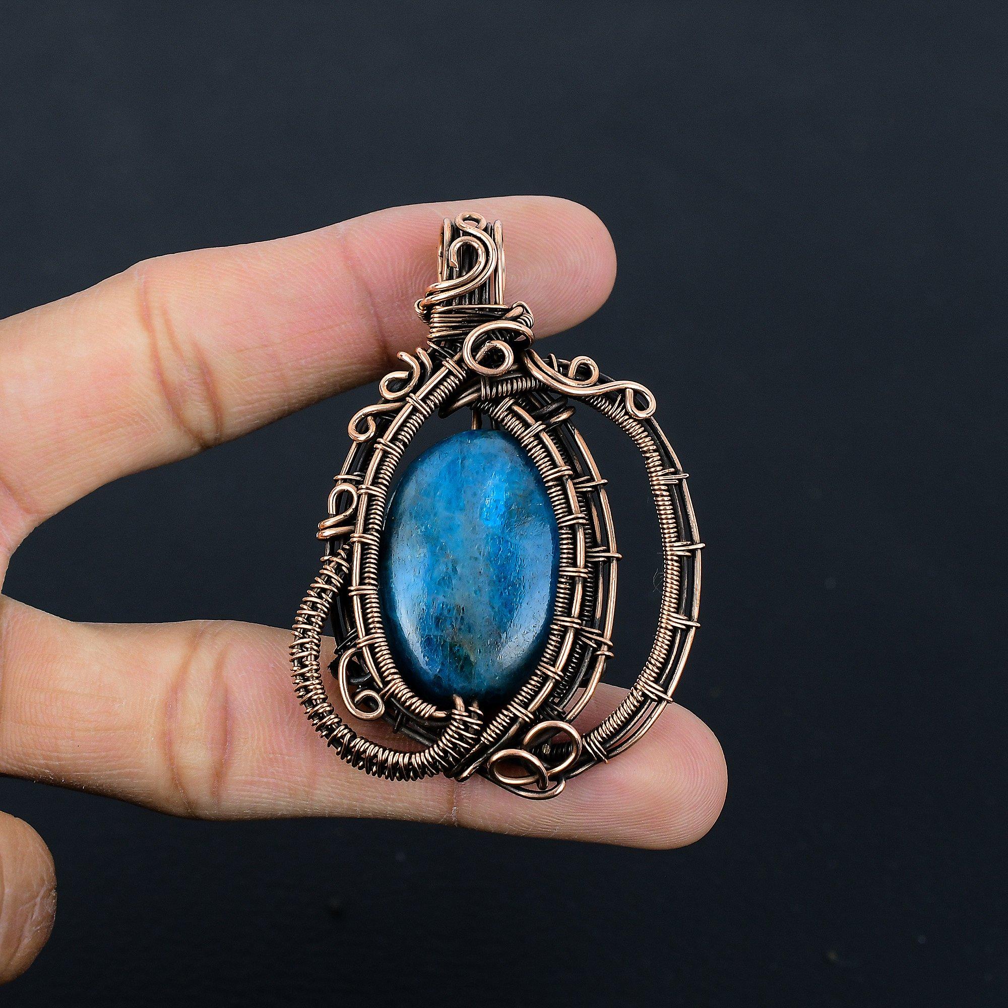 

Neon Blue Apatite Gemstone Pendant 999 Copper Wire Wrapped Jewelry, Handmade Antique Pendant Jewelry, Gift For Mother 2.55 Inches