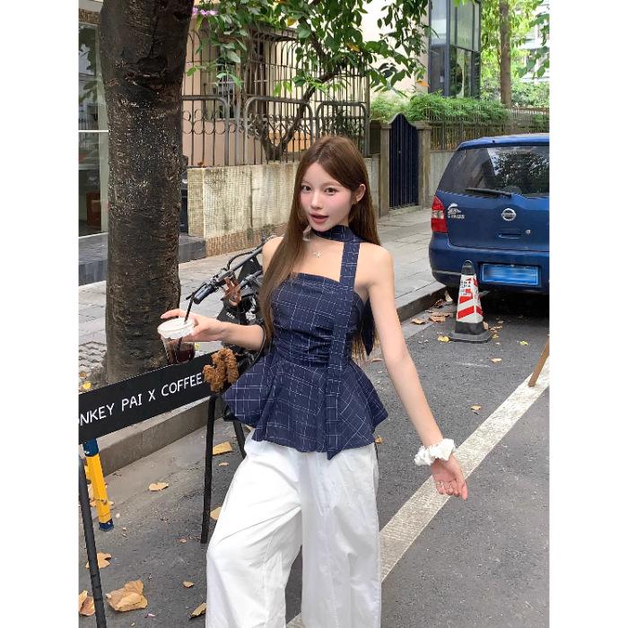 

Women s Korean Style Grid Pattern Bandeau Tank Top - Slim Fit, Sleeveless Summer Fashion Extra Large синій