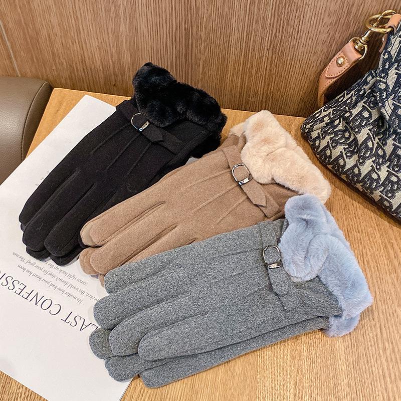 Suede Gloves Autumn and Winter Women's Cute Korean Version Plus Velvet Thickened Warm Five Finger Gloves for Students To Prevent Cold Riding Tide
