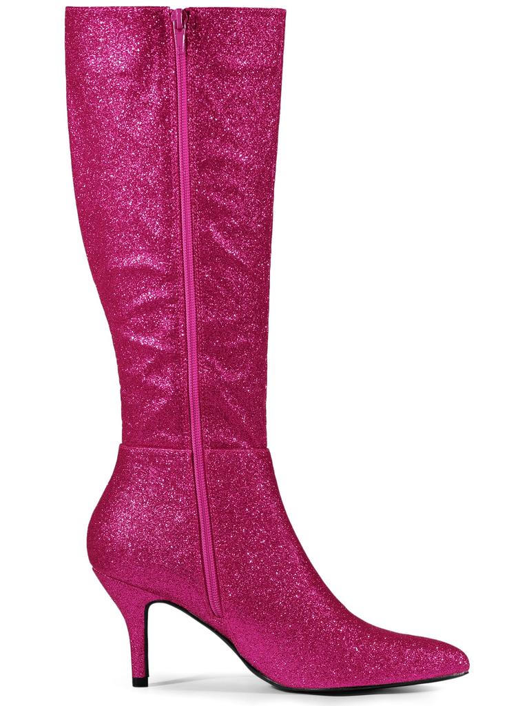 Allegra K Women's Knee-High Boots with Sparkle Glitter Stiletto Heels, Hot Pink, Size 24.0 Cm