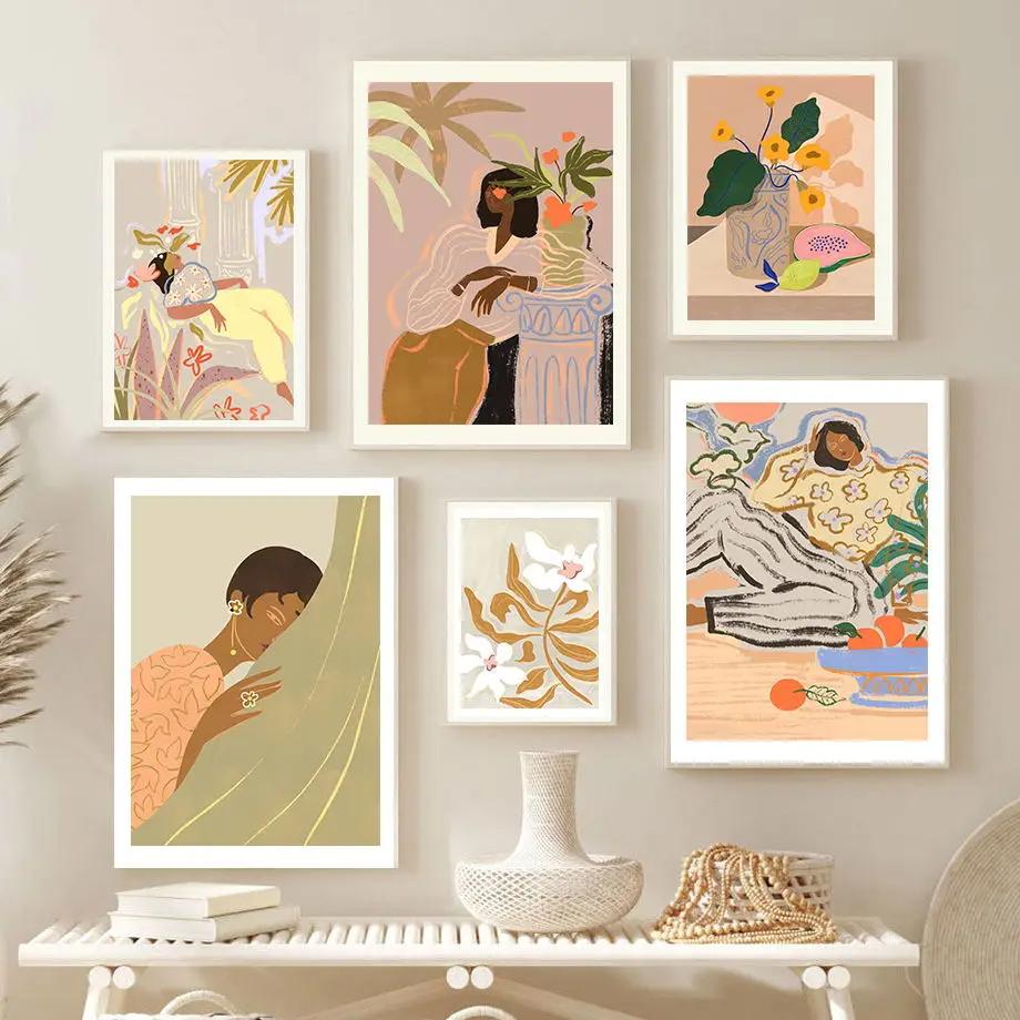 Abstract Lazy Woman Dance Flower Lemon Papaya Fruits Wall Art Print Canvas Painting Nordic Poster Pictures For Living Room Decor