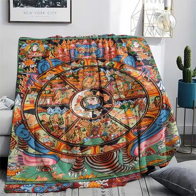 1Pc Buddhism Wheel Print Flannel Blanket, High Quality Comfortable for All Seasons, Home Decor, Warmth and Comfort, Perfect for Christmas Gifts
