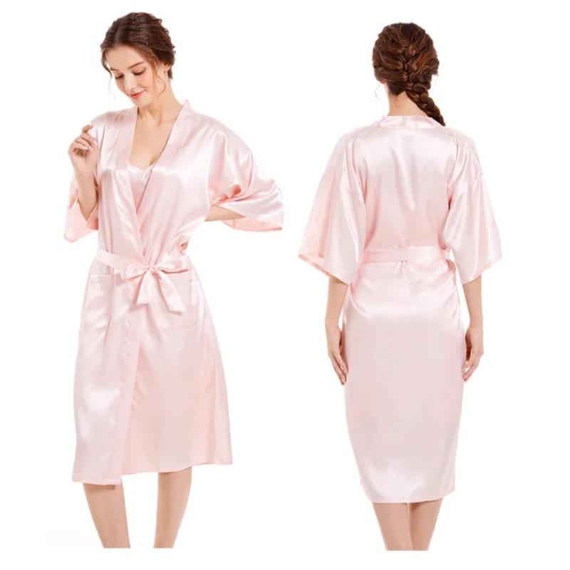 Women's Silk Satin Pajamas 2Pcs Sexy Silky Pj Robe Set with Chemise Nightgown