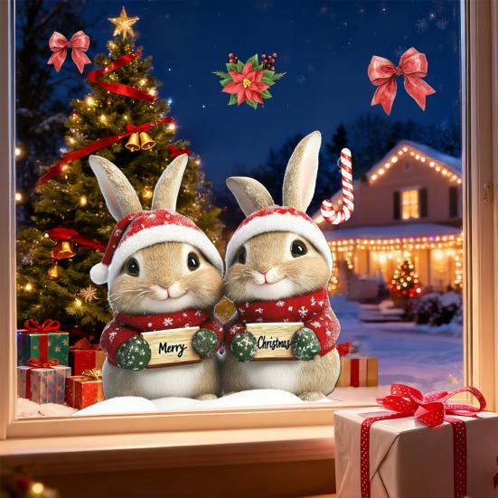 Merry Christmas Rabbit Window Cling Removable Waterproof Santa Hat Couple Bunny Static Glass Sticker Holiday Party Decoration Decal