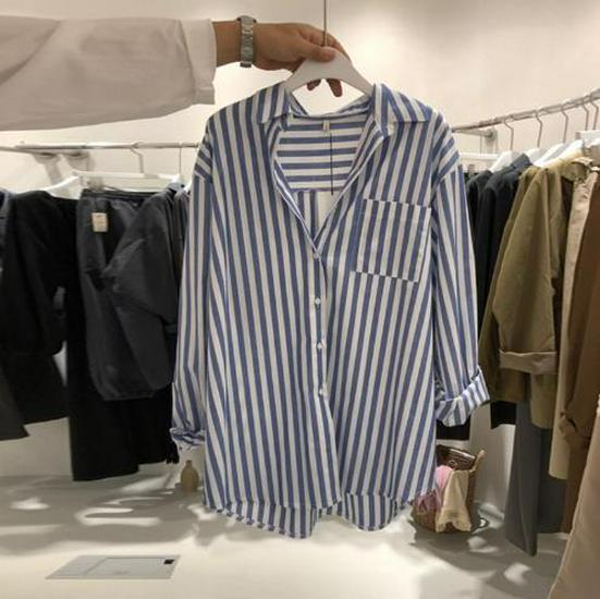 2025 Dongdaemun Women's Vertical Striped Long-Sleeve Shirt - Spring/Autumn Trendy Versatile Jacket Top