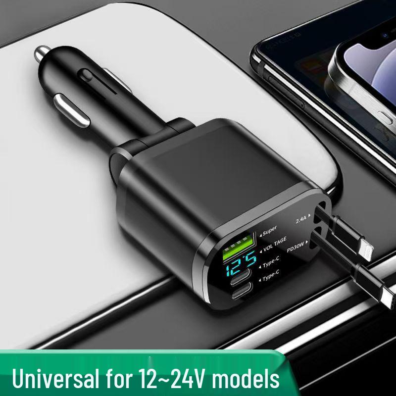 Dual-Line Retractable Car Charger with Digital Display, PD Fast Charging for Huawei & Apple.