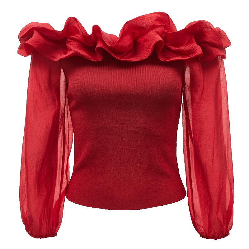 

Vero Moda Women s Sheer Ruffle Trim Boat Neck Knit Top S