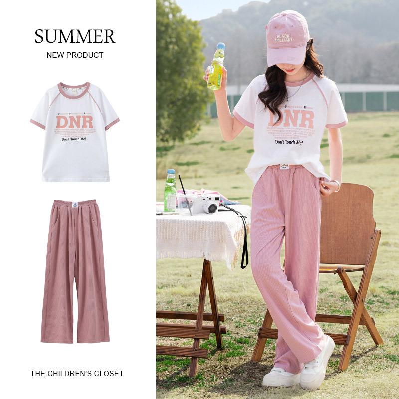 Summer Big Children's Casual Suit Knitted Short-sleeved Girls' Pants Suit