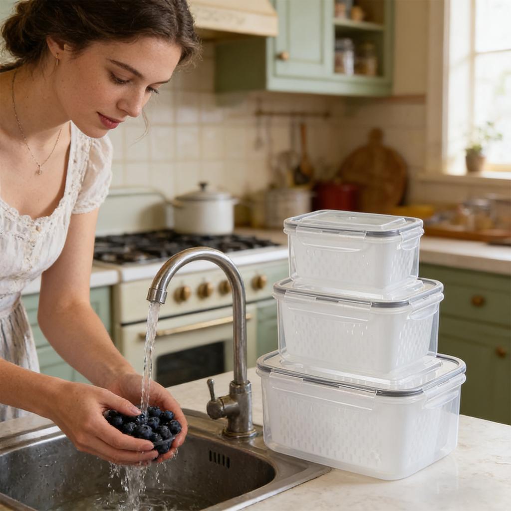 Fruit Storage Containers For Fridge, Leakproof Produce Containers With Removable Colander, Refrigerator Organizers And Storage