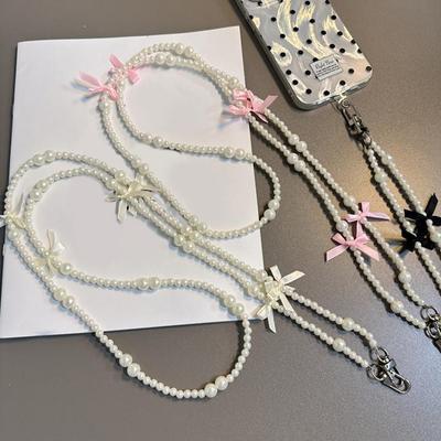 Universal Anti-Lost Phone Lanyard Patch Gasket Long Crossbody Pearl Bow Mobile Phone Chain Women'S Long Neck And Shoulder Strap