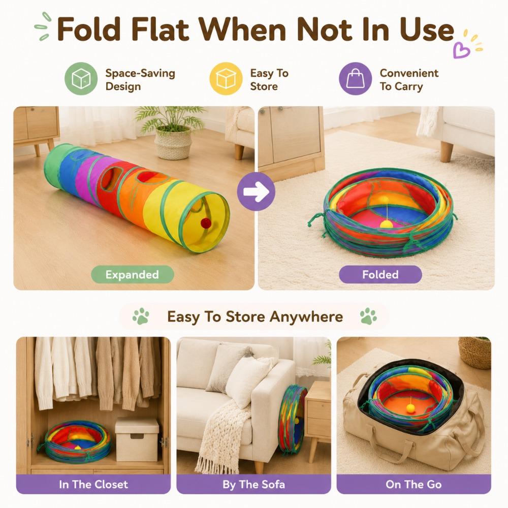 Rainbow Cat Tunnel Toy Folding Pet Play Tubes with Crinkle Paper & Bell Ball for Indoor Cats Rabbits Small Animals S I Y Shape