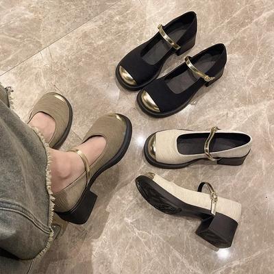 New Medium Heeled Mary Jane Single Shoes Fashion Metal Round Toe Women Shoes Retro Thick Heeled Ballet Shoes Shallow Pumps
