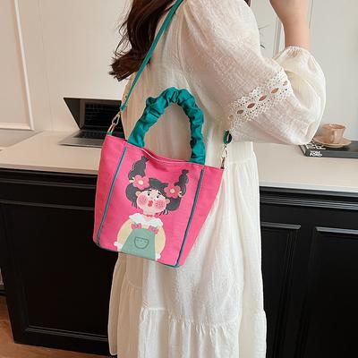 Printed Shoulder Tote Bag Canvas Portable 2025 Summer New Fashion Messenger College Student Portable Small Cartoon Bag