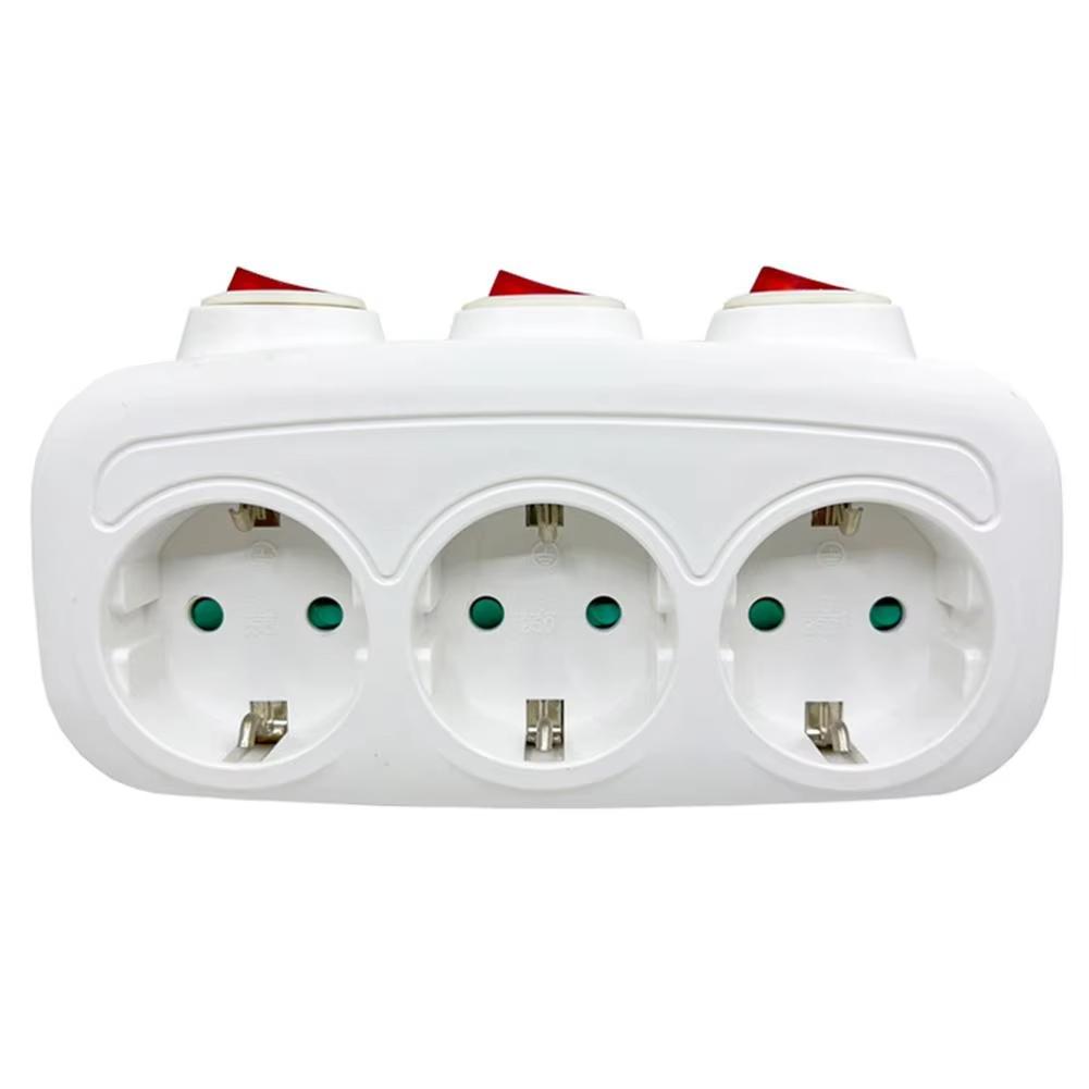 Independent Switch EU Schuko Triple Outlet Power Expansion Plug 1 to 3 Wall Socket Adapter Power Splitter For home