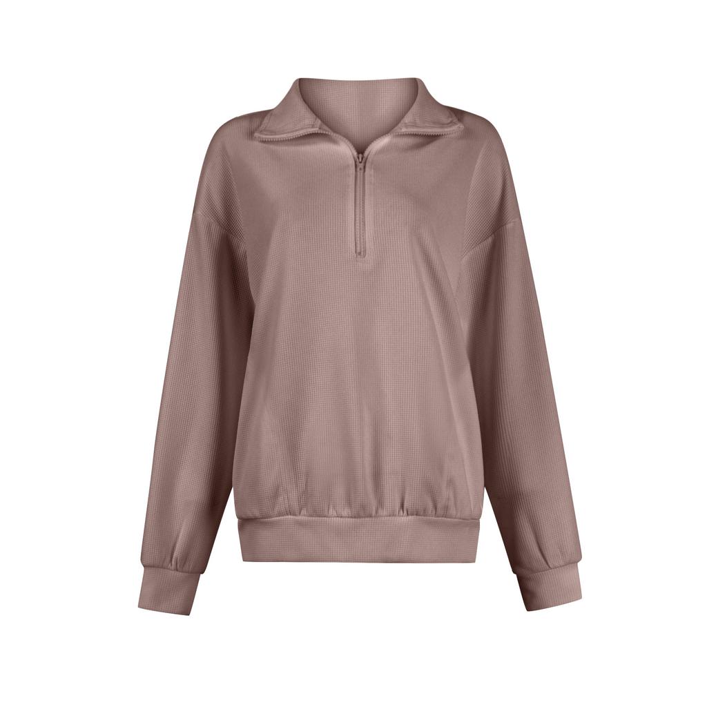 Women's Fashion Solid Color Zipper Lapel Solid Color Casual  Sweatshirt Top