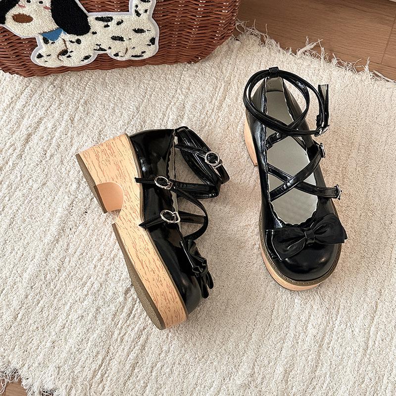 Cute bow Mary Jane shoes women's autumn design thick heel with skirt cross strap high heel single shoes tide