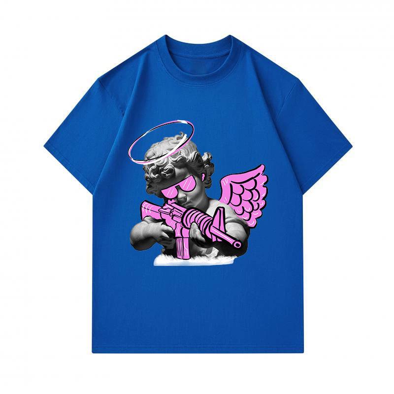 Men's 100% Cotton Crew Neck Short Sleeve T-Shirt, Cool Neon Pink Angel Cherub with Gun Printed Casual Lightweight Summer Daily Tee for Streetwear Love