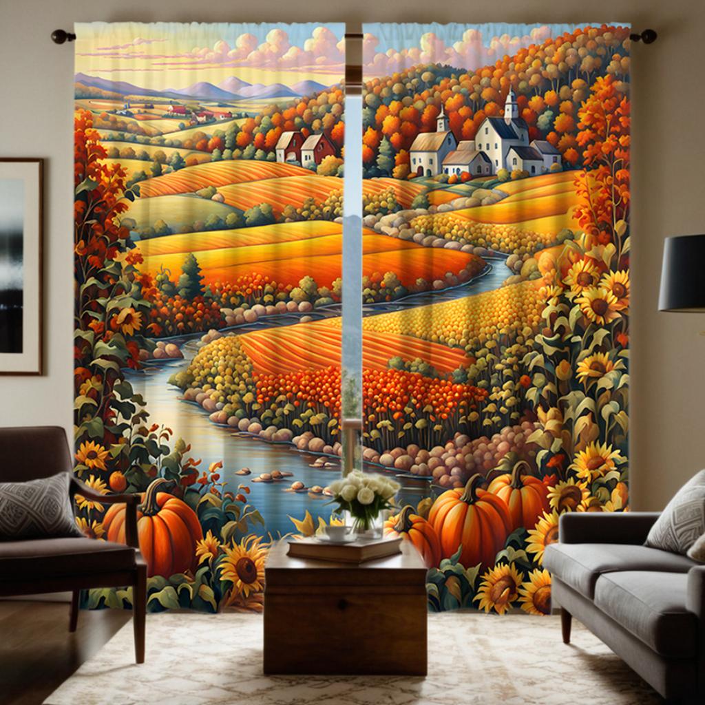 2 Pieces of HD Gold Country Field View Decorative Curtain Yellow Digital Printed Curtain Home Decoration Style Decoration Living